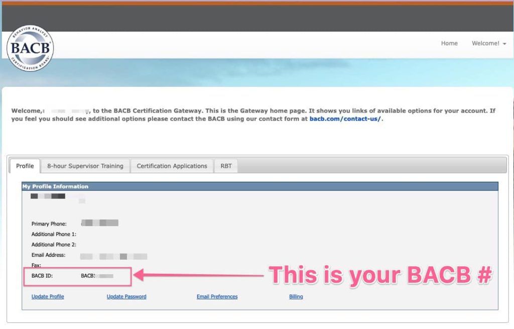 The BACB's "My Profile Information" page highlights the "BACB ID number" button in the lower left corner.