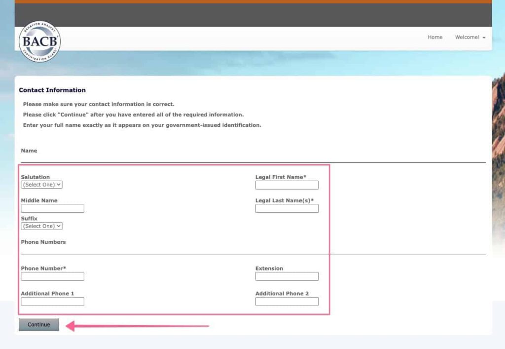 The BACB's contact information page with an arrow pointing to the "Continue" button in the lower left-hand corner.